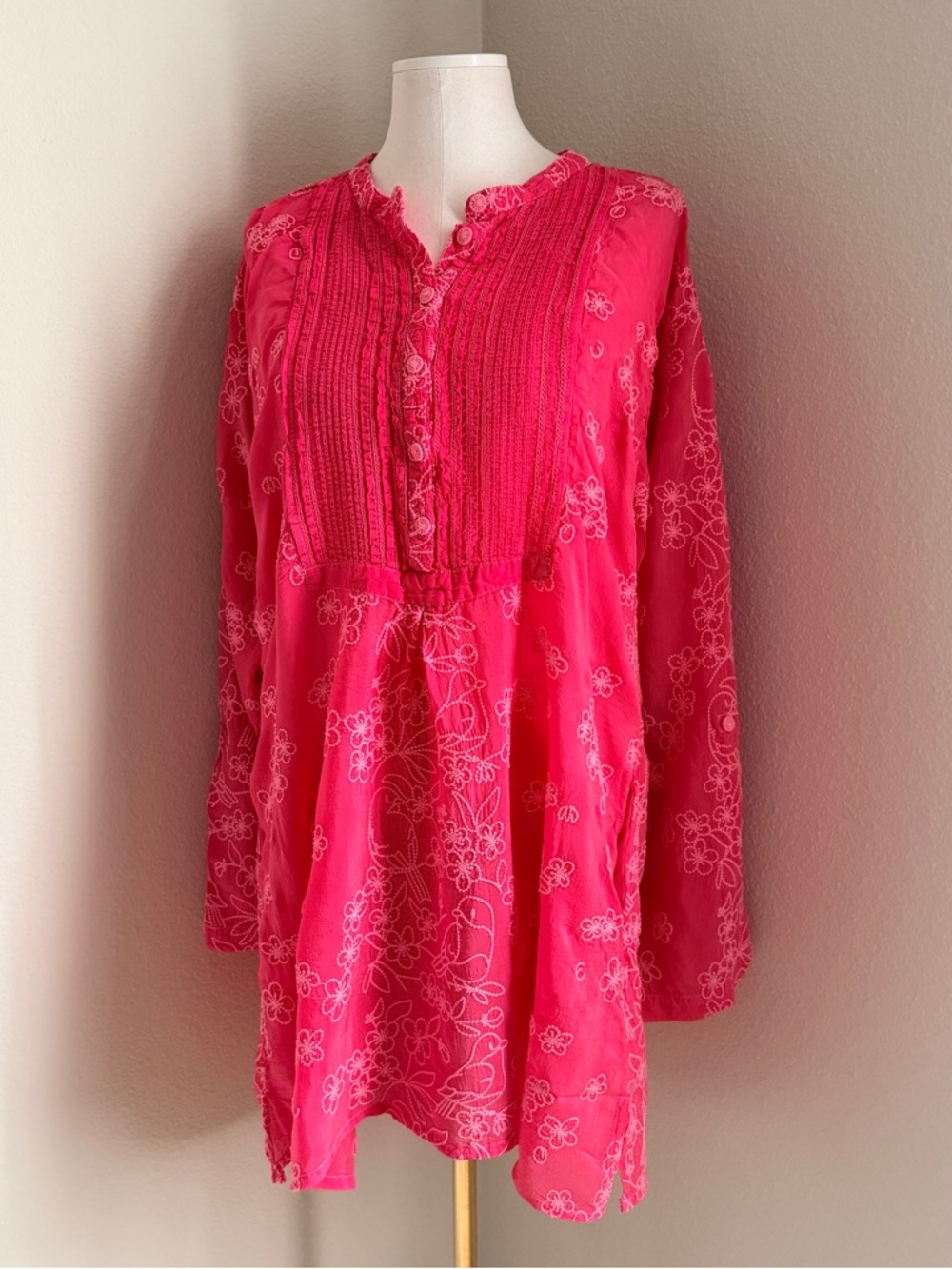 Johnny Was Bright Pink Floral Pintuck Tunic size XXL
